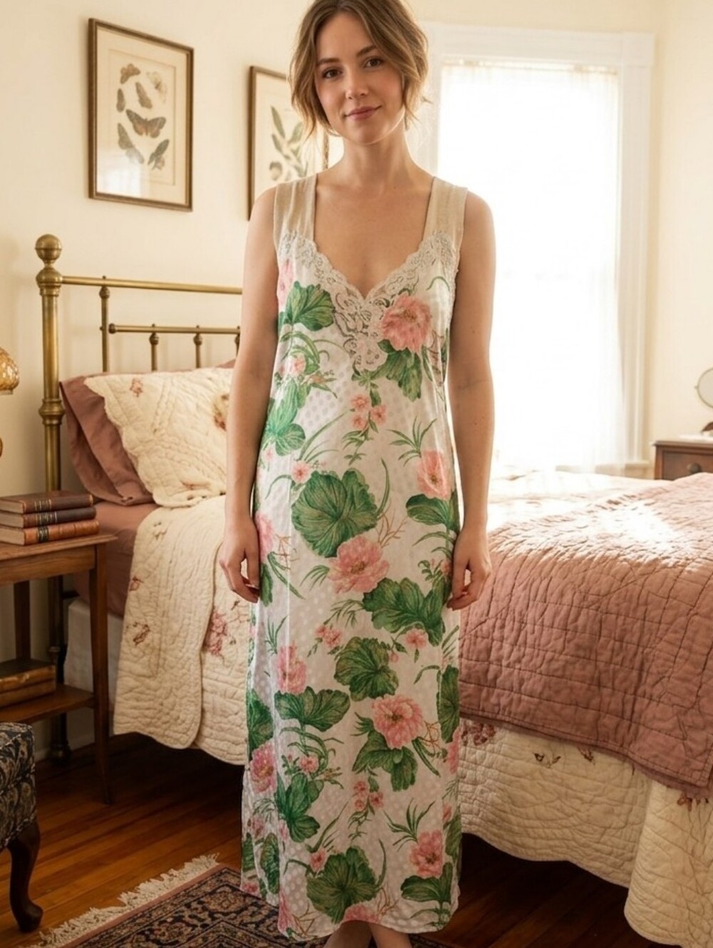 Vtg Natori Tropical Floral Print Lace Jacquard Maxi Nightgown Chemise Negligee
